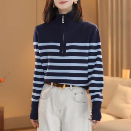 LN76388# 立领半拉链条纹撞色减龄款修身针织衫女冬季新款小众洋气衣服