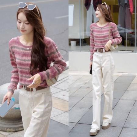 FA50183# 秋季新款百搭时尚洋气条纹撞色针织衫+显腿长直筒牛仔裤 服裝批發女裝批發服飾貨源