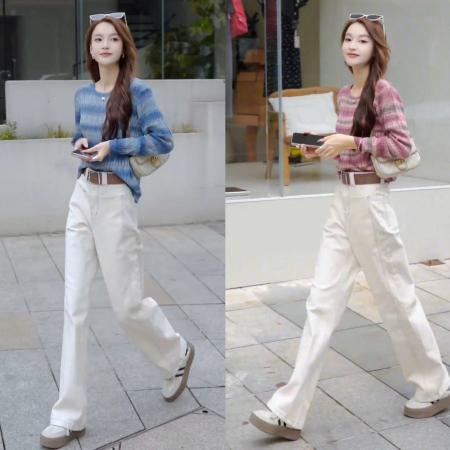 FA50183# 秋季新款百搭时尚洋气条纹撞色针织衫+显腿长直筒牛仔裤 服裝批發女裝批發服飾貨源