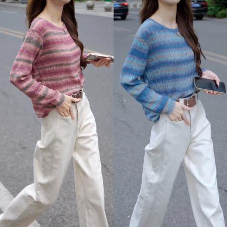 FA50183# 秋季新款百搭时尚洋气条纹撞色针织衫+显腿长直筒牛仔裤 服裝批發女裝批發服飾貨源