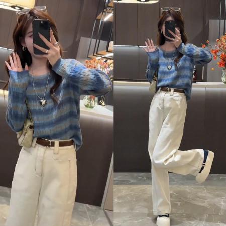 FA50183# 秋季新款百搭时尚洋气条纹撞色针织衫+显腿长直筒牛仔裤 服裝批發女裝批發服飾貨源