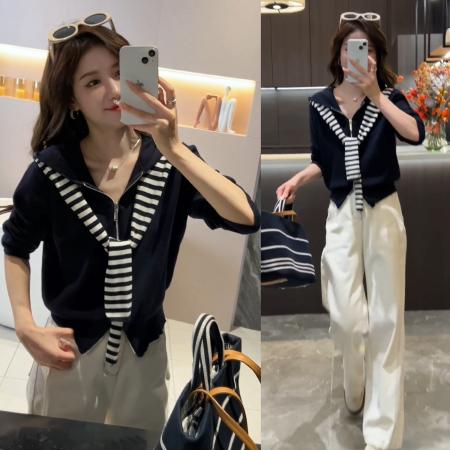 FA50184# 秋季时尚撞色针织拉链帽衫+宽松时尚休闲显腿长直筒牛仔裤 服裝批發女裝批發服飾貨源