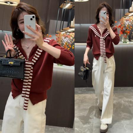 FA50184# 秋季时尚撞色针织拉链帽衫+宽松时尚休闲显腿长直筒牛仔裤 服裝批發女裝批發服飾貨源