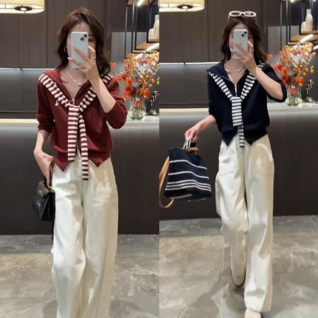 FA50184# 秋季时尚撞色针织拉链帽衫+宽松时尚休闲显腿长直筒牛仔裤 服裝批發女裝批發服飾貨源