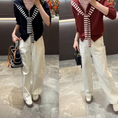 FA50184# 秋季时尚撞色针织拉链帽衫+宽松时尚休闲显腿长直筒牛仔裤 服裝批發女裝批發服飾貨源