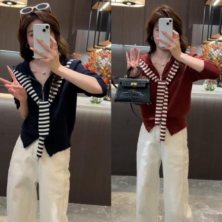 FA50184# 秋季时尚撞色针织拉链帽衫+宽松时尚休闲显腿长直筒牛仔裤 服裝批發女裝批發服飾貨源