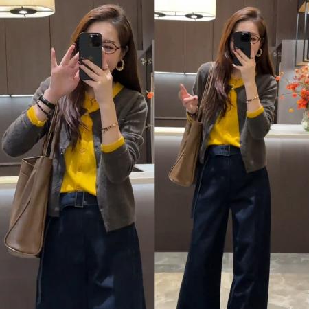 FA50186# 秋冬慵懒拼接假两件针织毛衣开衫+韩版时髦普洗直筒阔腿牛仔 服裝批發女裝批發服飾貨源