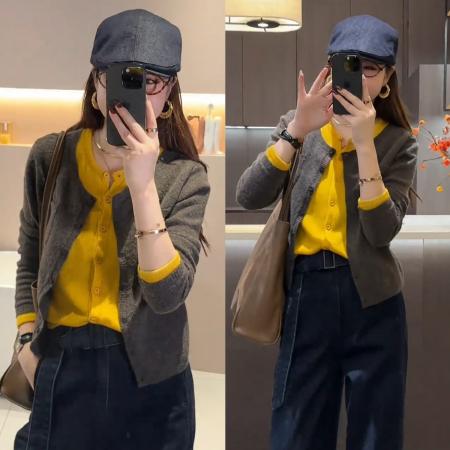 FA50186# 秋冬慵懒拼接假两件针织毛衣开衫+韩版时髦普洗直筒阔腿牛仔 服裝批發女裝批發服飾貨源