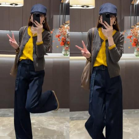 FA50186# 秋冬慵懒拼接假两件针织毛衣开衫+韩版时髦普洗直筒阔腿牛仔 服裝批發女裝批發服飾貨源