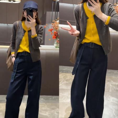 FA50186# 秋冬慵懒拼接假两件针织毛衣开衫+韩版时髦普洗直筒阔腿牛仔 服裝批發女裝批發服飾貨源