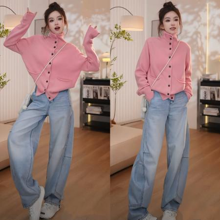 FA50187# 秋冬时尚针织百搭开衫毛衣+加绒休闲拼接时尚百搭阔腿牛仔裤 服裝批發女裝批發服飾貨源