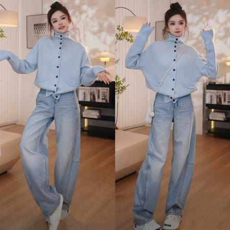 FA50187# 秋冬时尚针织百搭开衫毛衣+加绒休闲拼接时尚百搭阔腿牛仔裤 服裝批發女裝批發服飾貨源