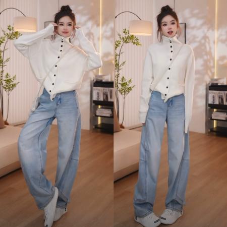 FA50187# 秋冬时尚针织百搭开衫毛衣+加绒休闲拼接时尚百搭阔腿牛仔裤 服裝批發女裝批發服飾貨源