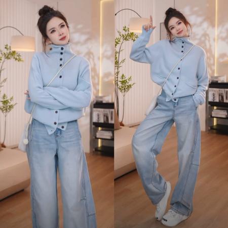 FA50187# 秋冬时尚针织百搭开衫毛衣+加绒休闲拼接时尚百搭阔腿牛仔裤 服裝批發女裝批發服飾貨源