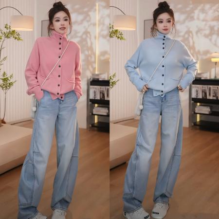 FA50187# 秋冬时尚针织百搭开衫毛衣+加绒休闲拼接时尚百搭阔腿牛仔裤 服裝批發女裝批發服飾貨源