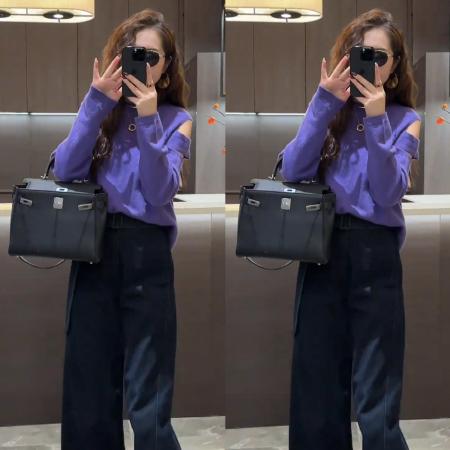 FA50188# 秋季新款百搭露肩设计款圆领针织衫上衣+普洗直筒阔腿牛仔 服裝批發女裝批發服飾貨源