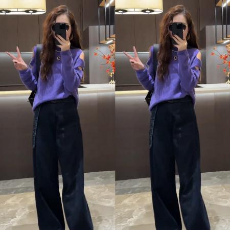 FA50188# 秋季新款百搭露肩设计款圆领针织衫上衣+普洗直筒阔腿牛仔 服裝批發女裝批發服飾貨源