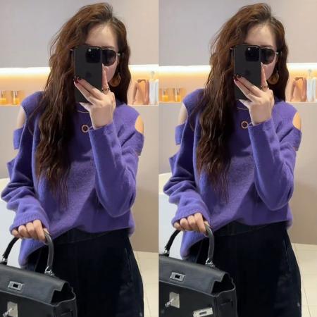 FA50188# 秋季新款百搭露肩设计款圆领针织衫上衣+普洗直筒阔腿牛仔 服裝批發女裝批發服飾貨源