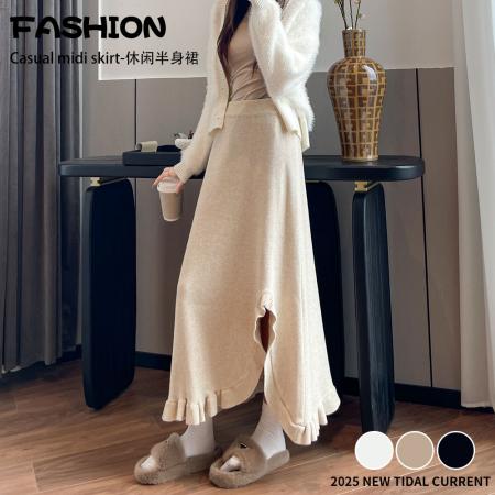 FA50190# 木耳边拼接不规则针织半身裙女秋冬季高腰百搭A字裙长裙 服裝批發女裝批發服飾貨源
