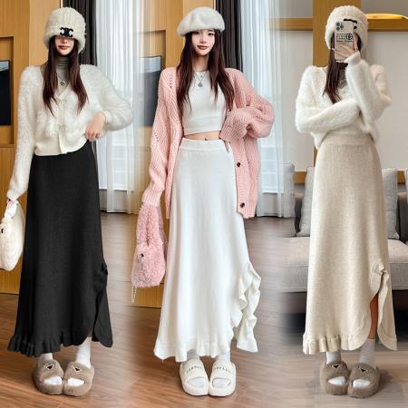 FA50190# 木耳边拼接不规则针织半身裙女秋冬季高腰百搭A字裙长裙 服裝批發女裝批發服飾貨源