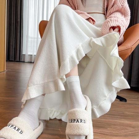 FA50190# 木耳边拼接不规则针织半身裙女秋冬季高腰百搭A字裙长裙 服裝批發女裝批發服飾貨源