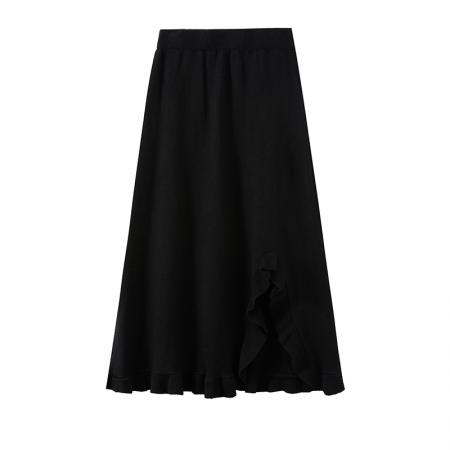 FA50190# 木耳边拼接不规则针织半身裙女秋冬季高腰百搭A字裙长裙 服裝批發女裝批發服飾貨源