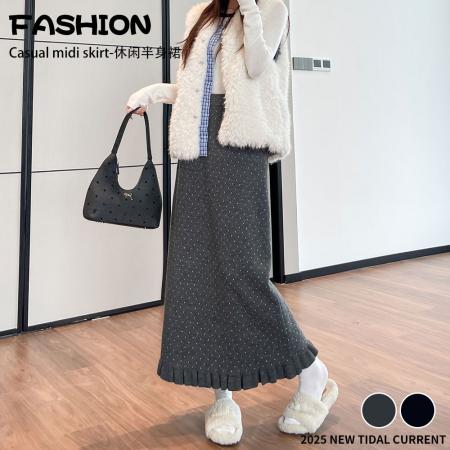 FA50191# 波点花边针织半身裙女秋冬新款高腰显瘦慵懒风A字裙长裙 服裝批發女裝批發服飾貨源