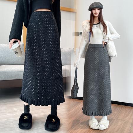 FA50191# 波点花边针织半身裙女秋冬新款高腰显瘦慵懒风A字裙长裙 服裝批發女裝批發服飾貨源
