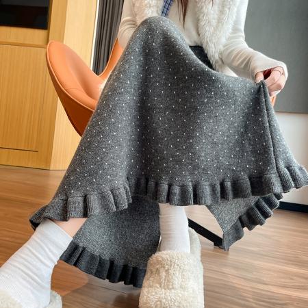 FA50191# 波点花边针织半身裙女秋冬新款高腰显瘦慵懒风A字裙长裙 服裝批發女裝批發服飾貨源