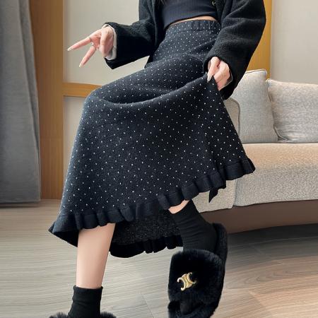 FA50191# 波点花边针织半身裙女秋冬新款高腰显瘦慵懒风A字裙长裙 服裝批發女裝批發服飾貨源