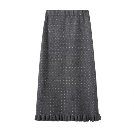 FA50191# 波点花边针织半身裙女秋冬新款高腰显瘦慵懒风A字裙长裙 服裝批發女裝批發服飾貨源