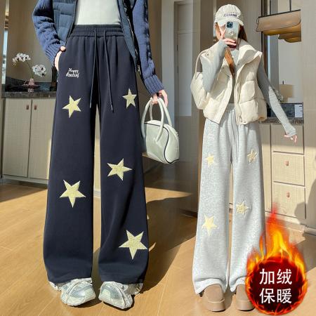 FA50193# 星星刺绣运动卫裤女秋冬加绒美式慵懒风显瘦阔腿休闲拖地裤子 服裝批發女裝批發服飾貨源