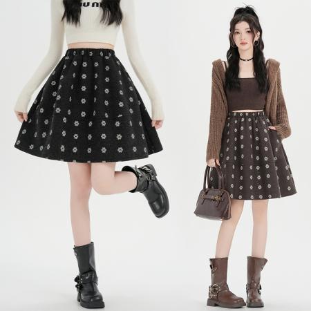 FA50194# 韩系松紧腰花朵毛呢印花半身裙女秋冬新款百搭A字中裙 服裝批發女裝批發服飾貨源