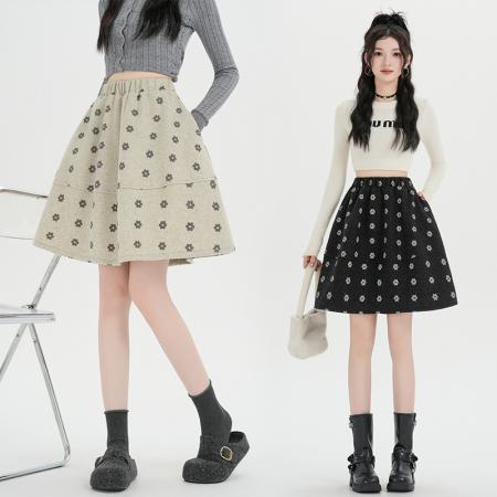 FA50194# 韩系松紧腰花朵毛呢印花半身裙女秋冬新款百搭A字中裙 服裝批發女裝批發服飾貨源
