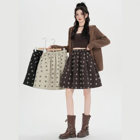 FA50194# 韩系松紧腰花朵毛呢印花半身裙女秋冬新款百搭A字中裙 服裝批發女裝批發服飾貨源