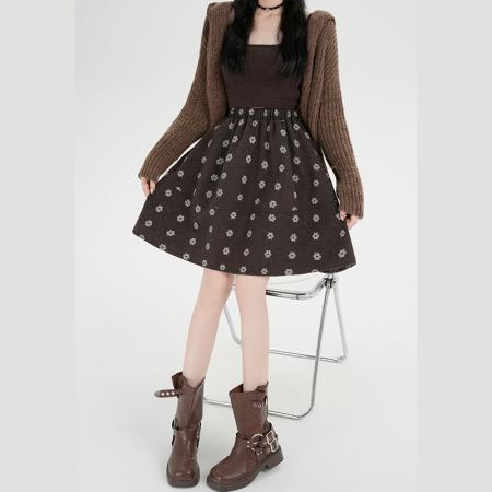 FA50194# 韩系松紧腰花朵毛呢印花半身裙女秋冬新款百搭A字中裙 服裝批發女裝批發服飾貨源