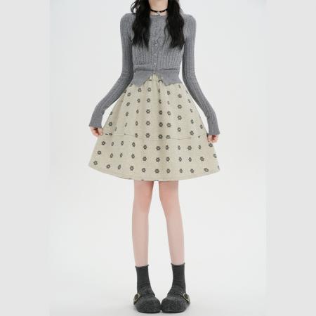 FA50194# 韩系松紧腰花朵毛呢印花半身裙女秋冬新款百搭A字中裙 服裝批發女裝批發服飾貨源