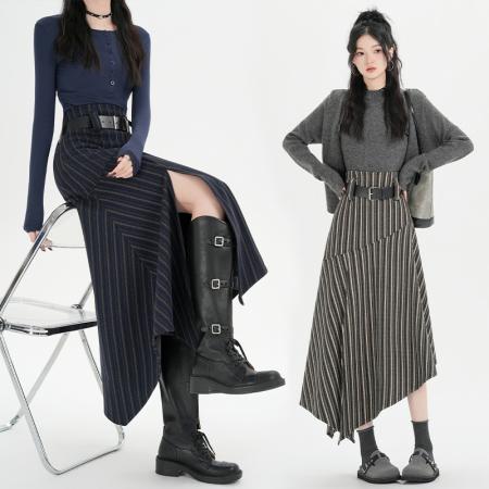 FA50195# 复古不规则下摆鱼尾裙设计高腰毛呢条纹半身裙女前开叉裙子 服裝批發女裝批發服飾貨源