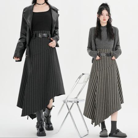 FA50195# 复古不规则下摆鱼尾裙设计高腰毛呢条纹半身裙女前开叉裙子 服裝批發女裝批發服飾貨源