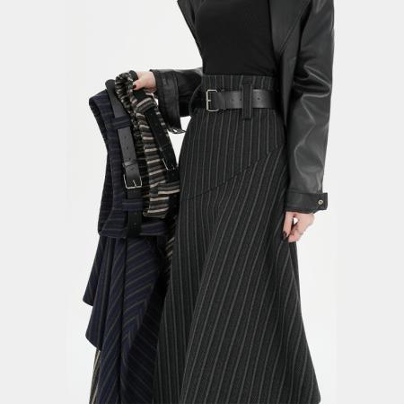 FA50195# 复古不规则下摆鱼尾裙设计高腰毛呢条纹半身裙女前开叉裙子 服裝批發女裝批發服飾貨源