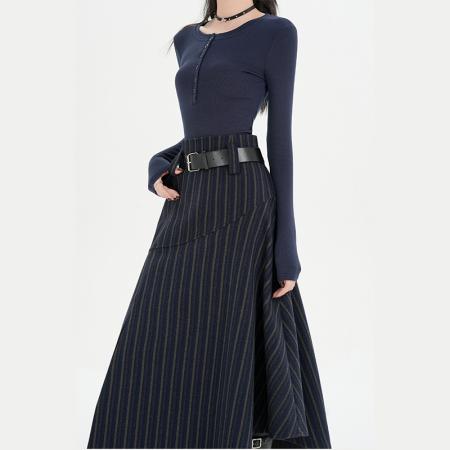 FA50195# 复古不规则下摆鱼尾裙设计高腰毛呢条纹半身裙女前开叉裙子 服裝批發女裝批發服飾貨源