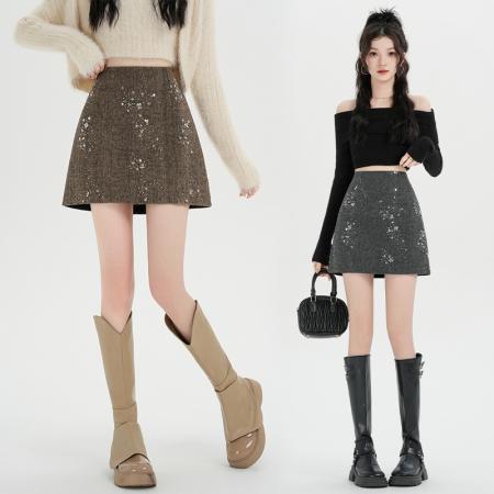 FA50196# 灰色亮片半身裙女新款高腰显瘦a字短款小香风毛呢短裙 服裝批發女裝批發服飾貨源