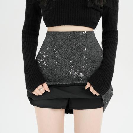 FA50196# 灰色亮片半身裙女新款高腰显瘦a字短款小香风毛呢短裙 服裝批發女裝批發服飾貨源