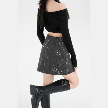 FA50196# 灰色亮片半身裙女新款高腰显瘦a字短款小香风毛呢短裙 服裝批發女裝批發服飾貨源