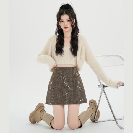 FA50196# 灰色亮片半身裙女新款高腰显瘦a字短款小香风毛呢短裙 服裝批發女裝批發服飾貨源