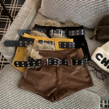 FA50201# 秋冬复古针织灯芯绒毛茸茸腰带辣妹热裤 服裝批發女裝批發服飾貨源