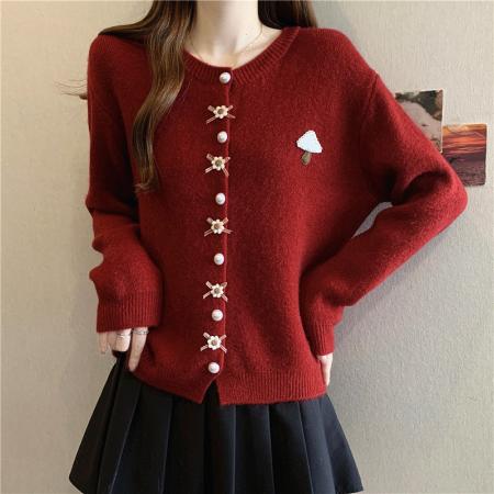 FA50202# 秋冬大码气质温柔风圣诞毛衣开衫甜美立体花朵装饰针织衫上衣 服裝批發女裝批發服飾貨源
