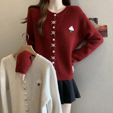 FA50202# 秋冬大码气质温柔风圣诞毛衣开衫甜美立体花朵装饰针织衫上衣 服裝批發女裝批發服飾貨源