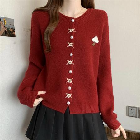 FA50202# 秋冬大码气质温柔风圣诞毛衣开衫甜美立体花朵装饰针织衫上衣 服裝批發女裝批發服飾貨源