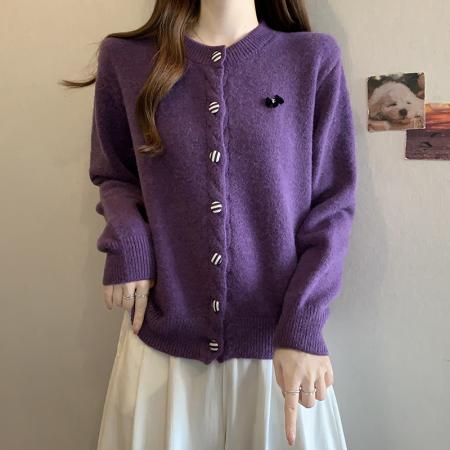 FA50203# 秋冬大码氛围感紫色毛衣开衫外套韩系穿搭小众气质上衣针织衫 服裝批發女裝批發服飾貨源